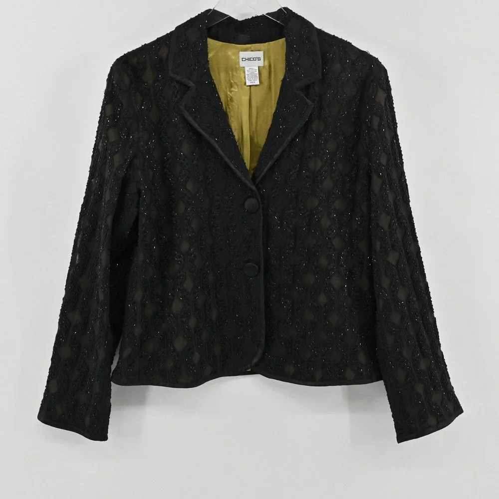 Chicos Beaded‎ Diamond Lattice Blazer Womens Size 2 L Black Cotton Formal Jacket